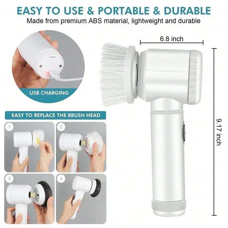 Cordless Waterproof Electric Spin Scrubber - 5 Brush Heads
