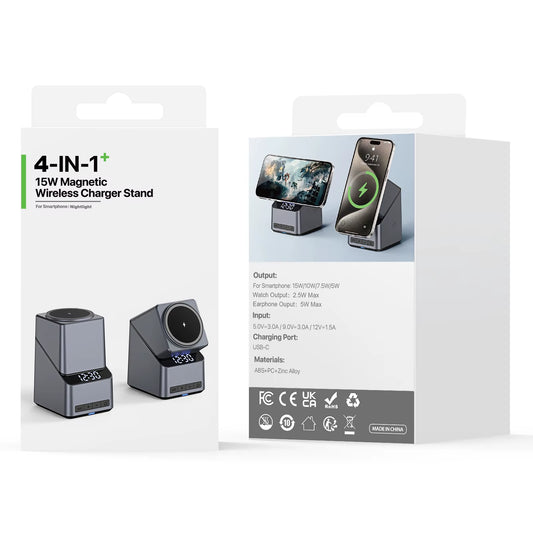 Magnetic 4-in-1 Auto-Rotating Wireless Charger with Fast Charging up to 15W for iPhone 16, 15, 14, 13 Pro Max, Apple Watch, and AirPods Pro